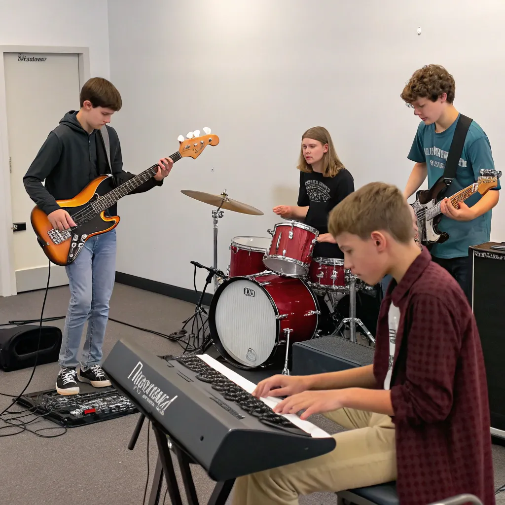 Teens practicing in a band group