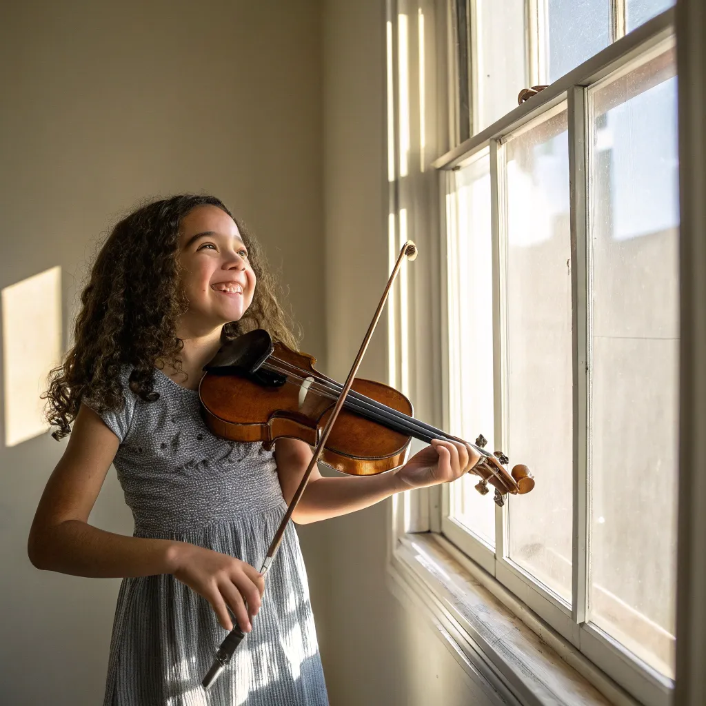 Young girl holding a violin with joy
