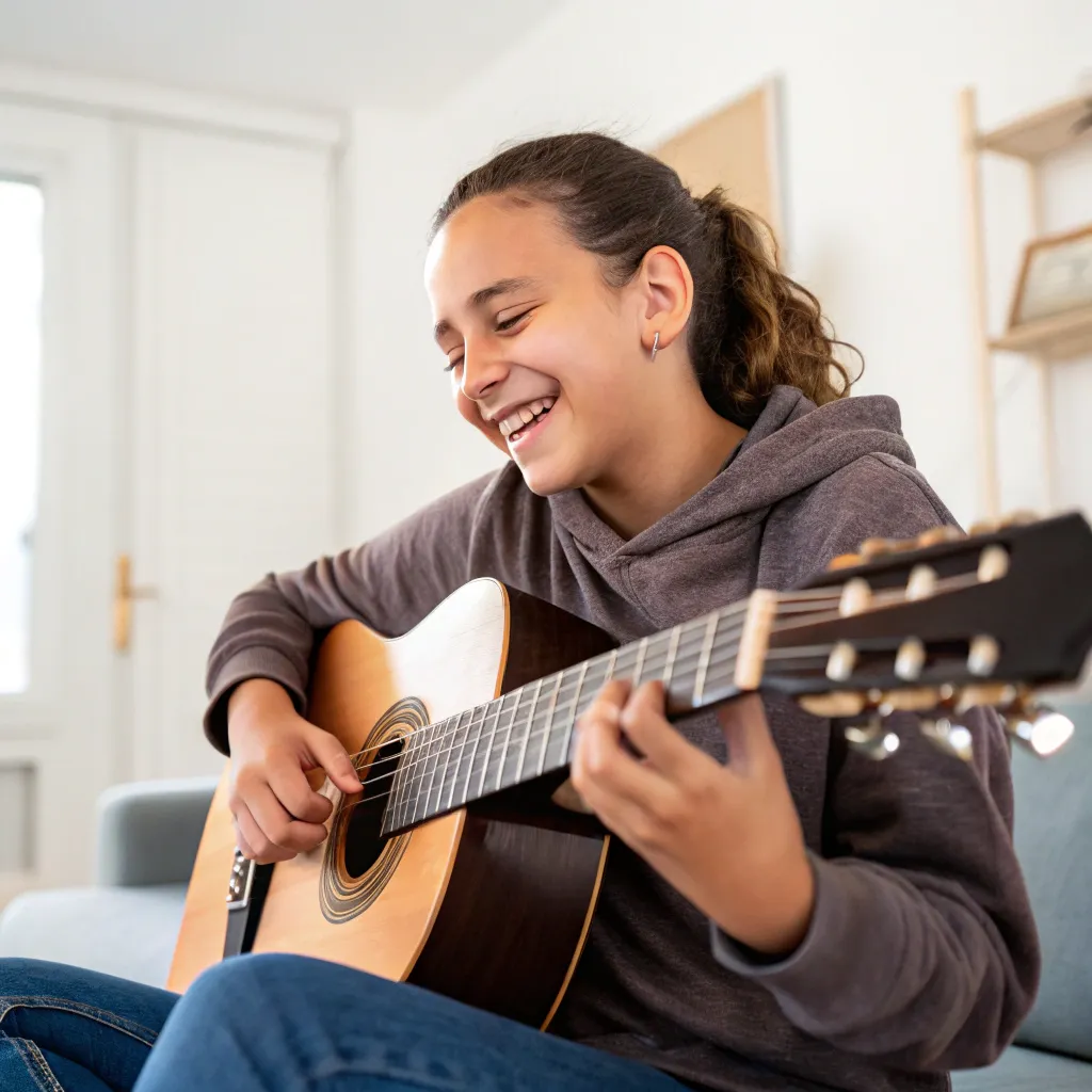 Smiling student playing guitar
